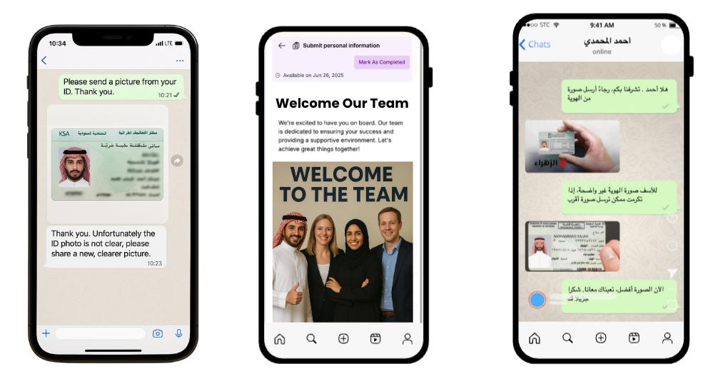 Mobile conversational AI interfaces showing onboarding chat flows and document verification
