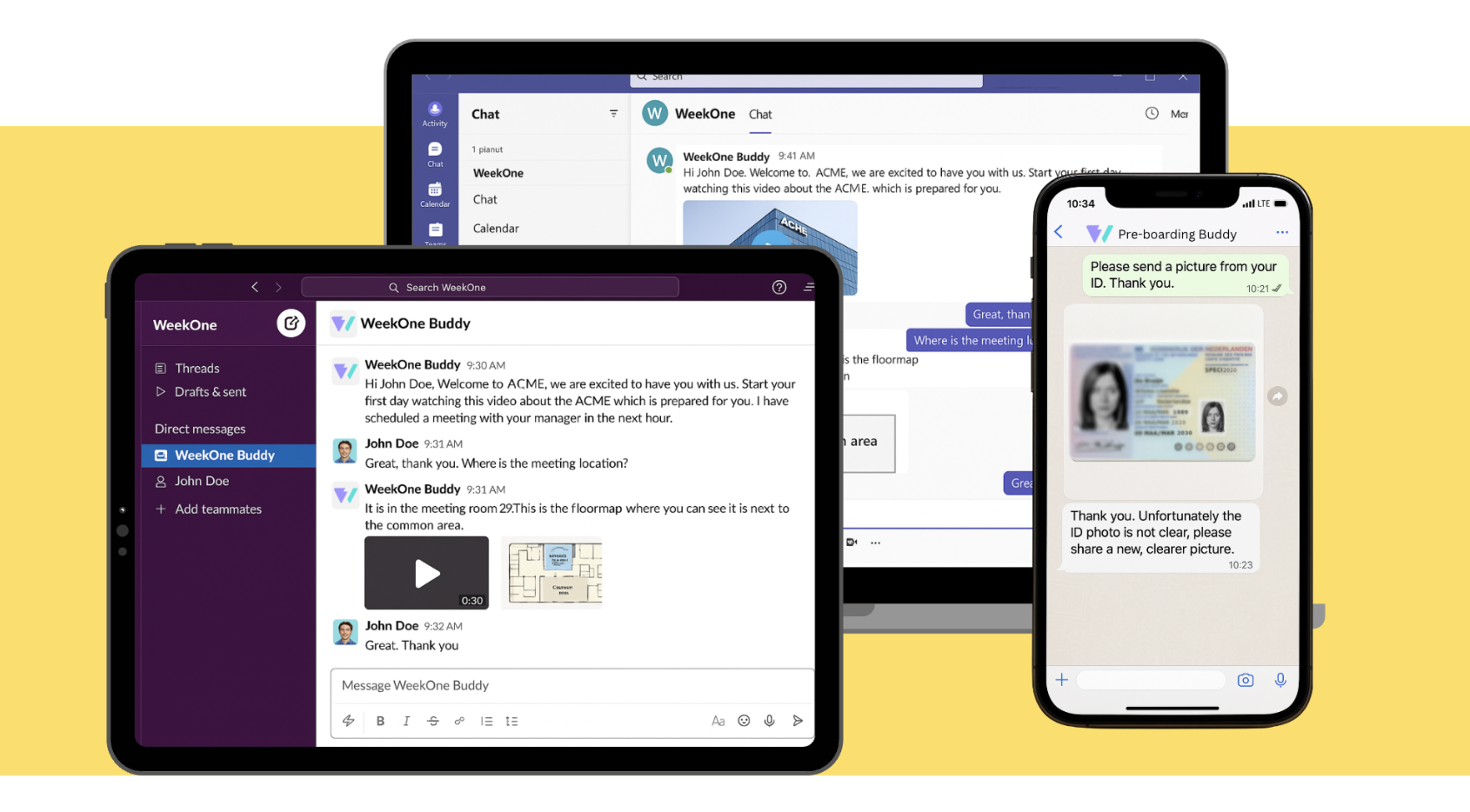 WeekOne Buddy interface across multiple devices showing AI-powered onboarding conversations
